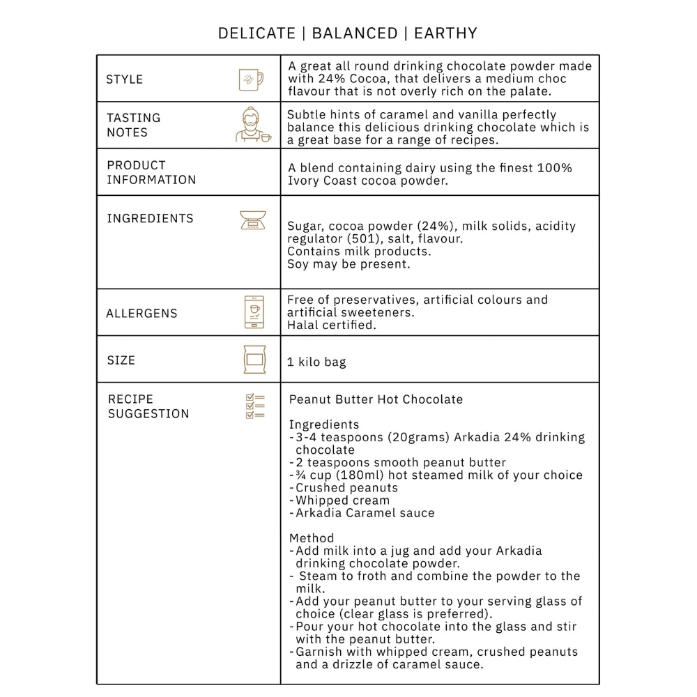 Arkadia Drinking Chocolate 1kg - 24% Cocoa