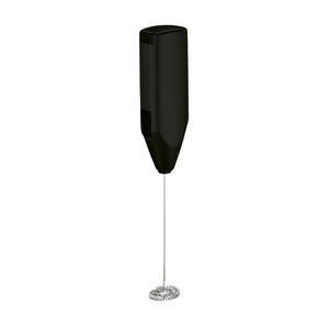 A slender, hand-held milk frother. At the top end, it has a black plastic handle. At the opposite end, there's a whisk or frothing head made of stainless steel for aerating milk and creating froth. 
