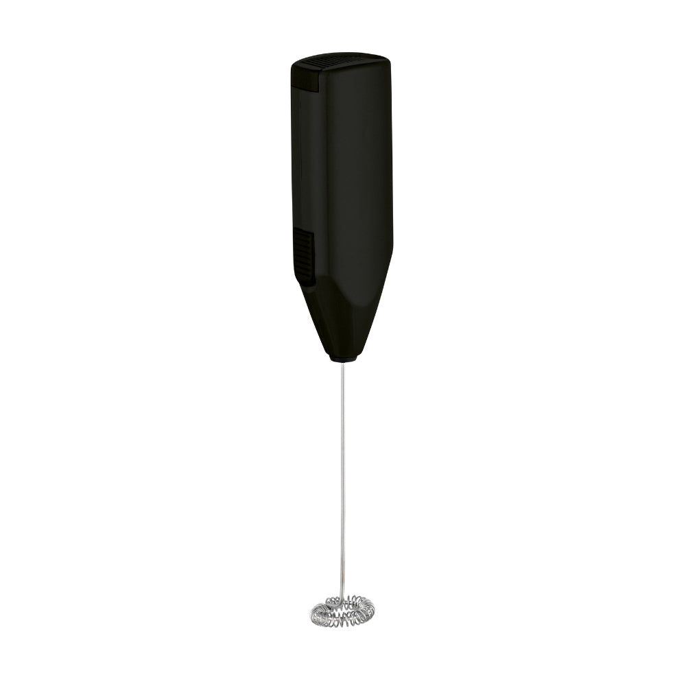 A slender, hand-held milk frother. At the top end, it has a black plastic handle. At the opposite end, there&#39;s a whisk or frothing head made of stainless steel for aerating milk and creating froth. 