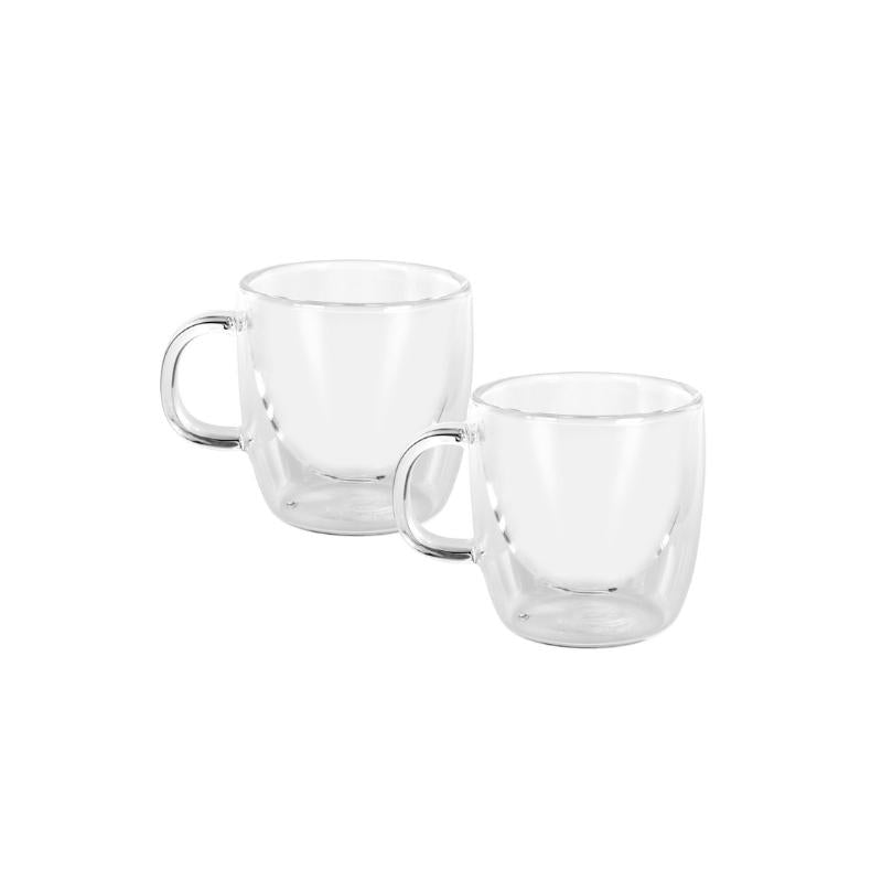 An image of 2 small double walled glasses with a handle. They are completely transparent and have a 100ml capacity