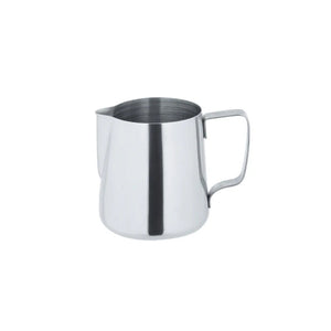 A silver, stainless steel milk pitcher. It has an rectangle-shaped handle that curves slightly, and a spout. Its capacity is 300ml