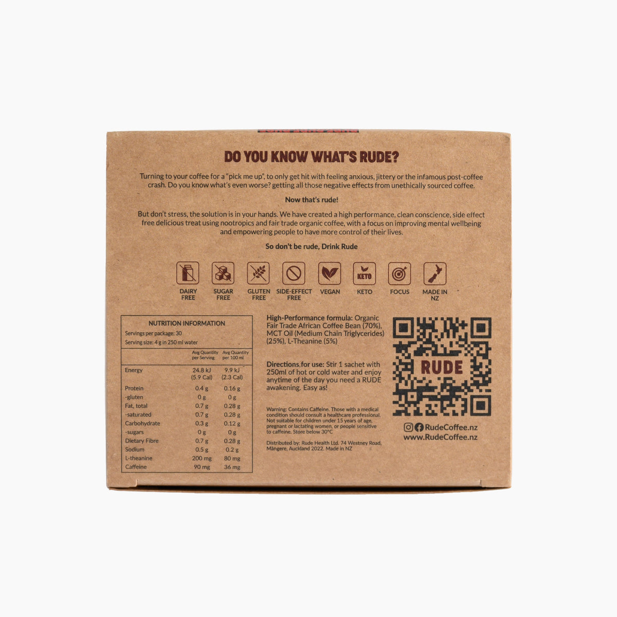 Rude Coffee Fair Trade & Organic Nootropic Coffee - 30 Sachets - Unsweet