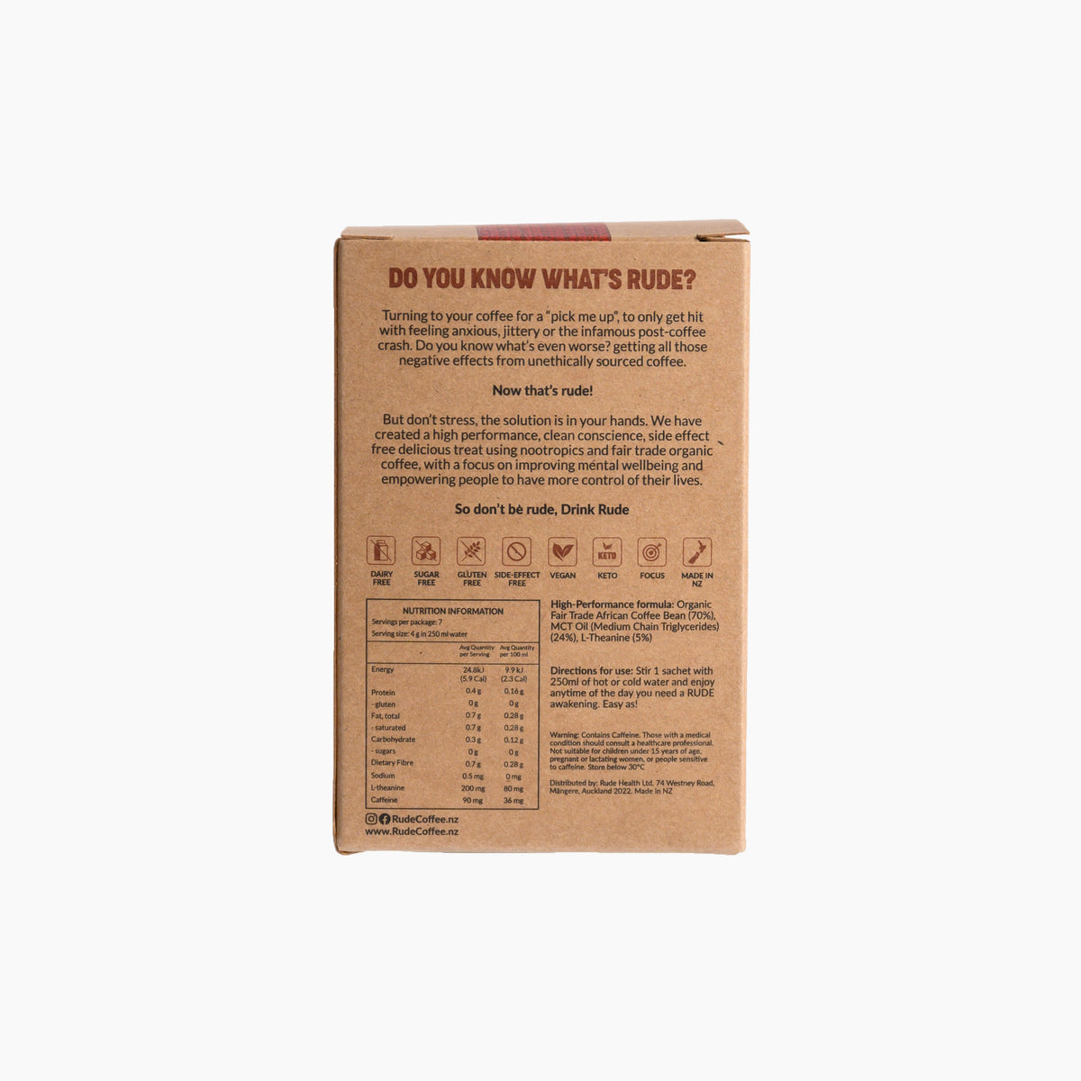 Rude Coffee Fair Trade &amp; Organic Nootropic Coffee - 7 Sachets - Unsweet