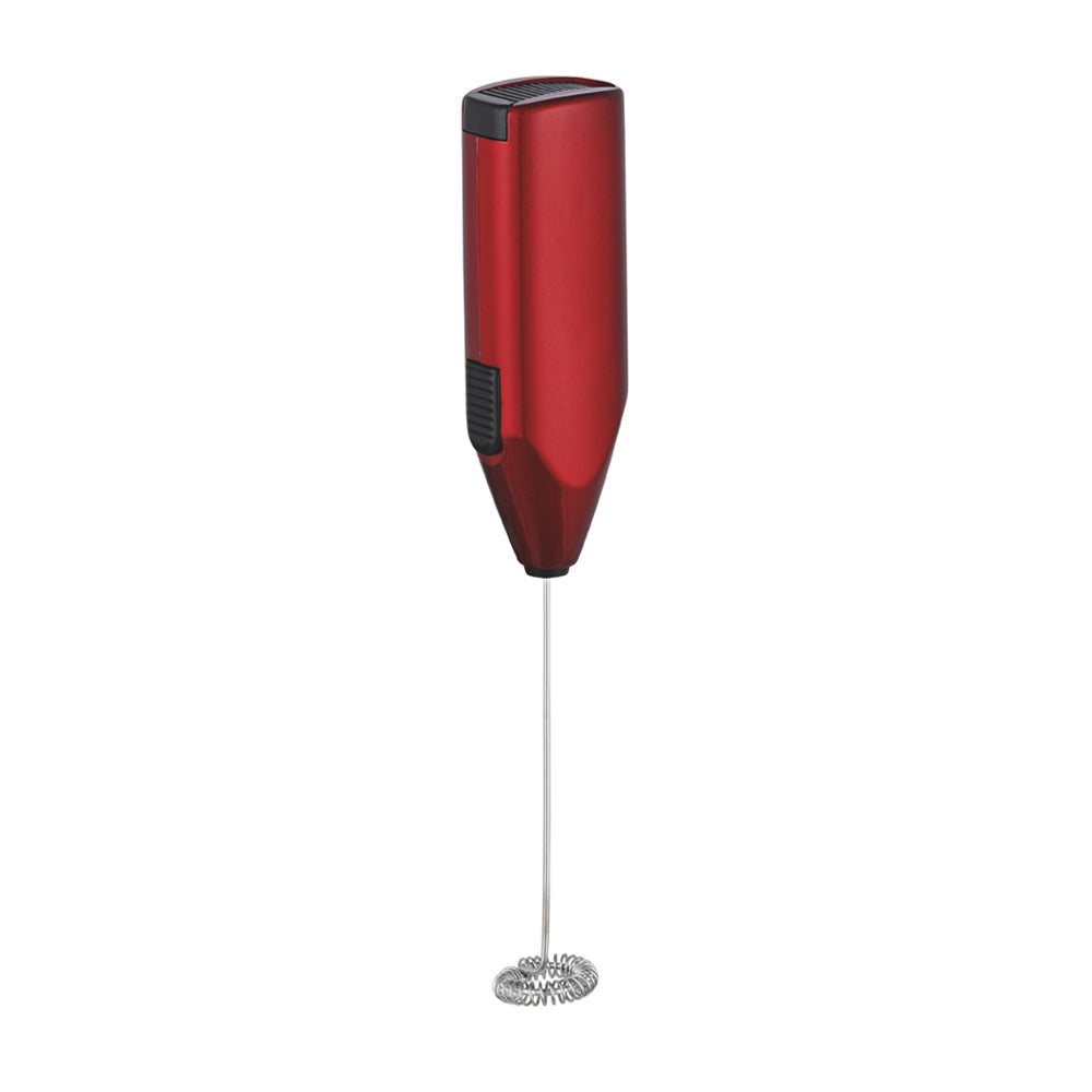 A slender, hand-held milk frother. At the top end, it has a metallic red plastic handle. At the opposite end, there&#39;s a whisk or frothing head made of stainless steel for aerating milk and creating froth. 