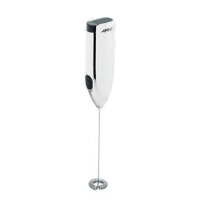 A slender, hand-held milk frother. At the top end, it has a white plastic handle. At the opposite end, there's a whisk or frothing head made of stainless steel for aerating milk and creating froth. 