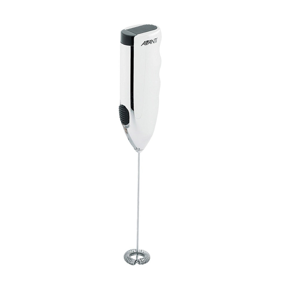 A slender, hand-held milk frother. At the top end, it has a white plastic handle. At the opposite end, there&#39;s a whisk or frothing head made of stainless steel for aerating milk and creating froth. 
