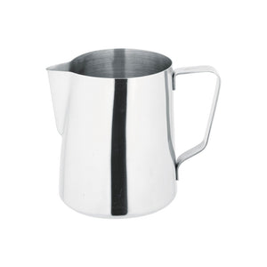 A silver, stainless steel milk pitcher. It has an rectangle-shaped handle that curves slightly, and a spout. Its capacity is 900ml